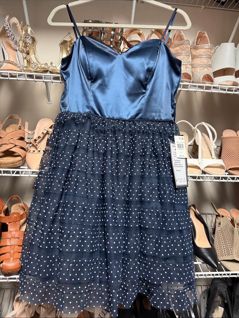 City Studio Navy Satin Bodice with White Polka Dot Tulle Dress